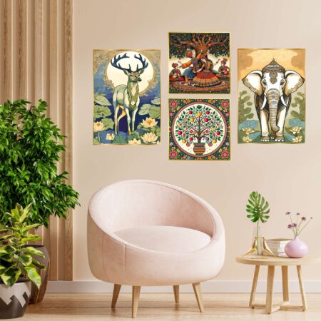 Set of Four Wall Paintings for Wall Dacoration Golden Framed Wall Paintings for Living Room & Bedroom Wall Art for Home Decoration & Office Wall Décor (13x10 inch CH-GD4-14)